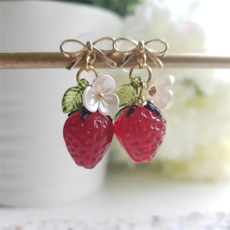 A Pair Glass Red Strawberry Drop Earrings