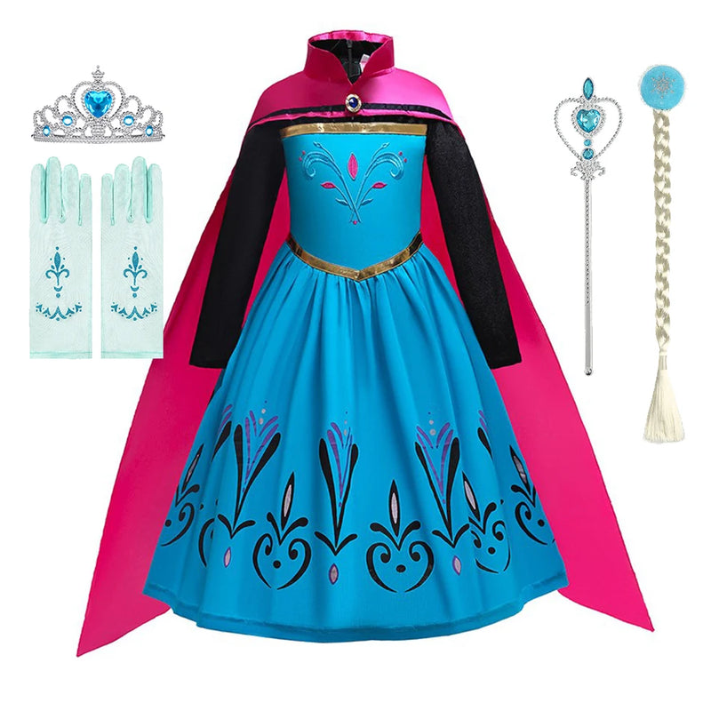 Girls Elsa Coronation Dress Up Long Sleeve Snow Queen Halloween Party Princess Costume Kids Christmas Elza Fancy Clothes Cloak