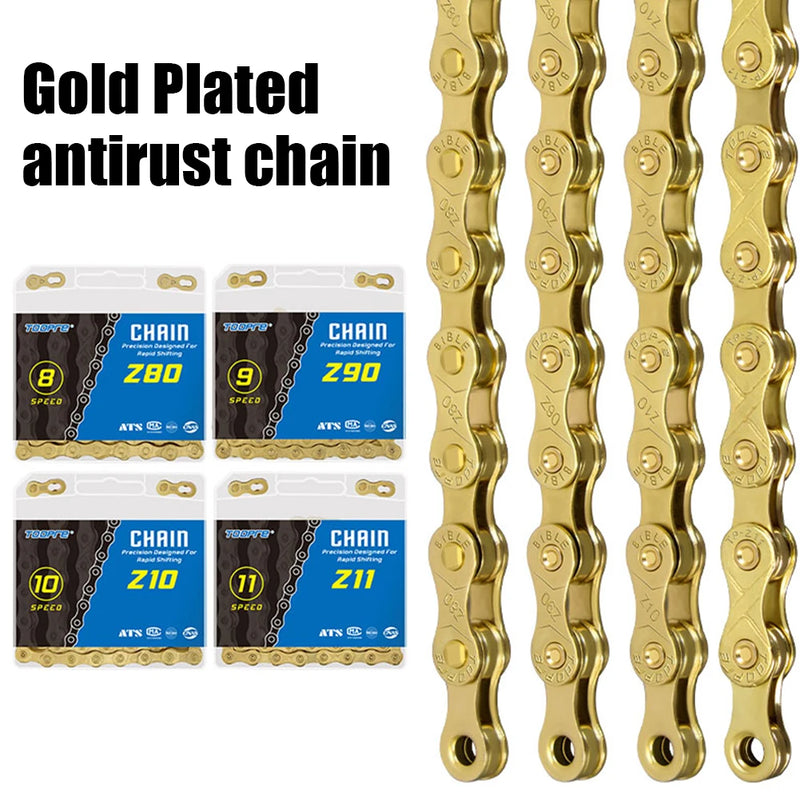 8/9/10/11 Speed Bicycle Chain Fully Electroplated Gold Rust Corrosion Resistant Wear-resistant Durable Suitable for Most Bikes