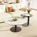 2x Modern Coffee Table Set Round Nesting Table Beech Wood/Sintered Stone + Glass