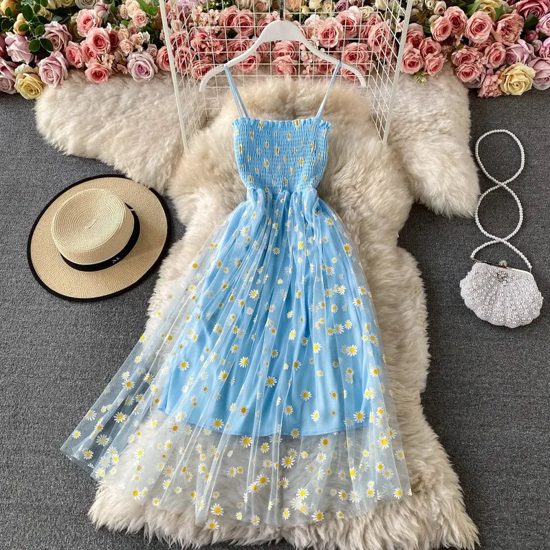 YuooMuoo Chic Fashion Fairy Daisy Flower Print Summer Dress Women Slim Elastic Two Layers Straps Long Party Dress Beach Sundress