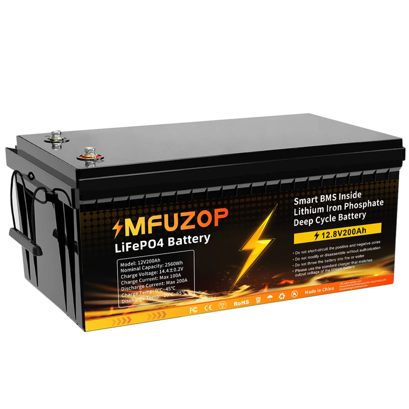 MFUZOP LiFePO4 200Ah 12V Lithium Battery with Over 10 Years Life and Max. 15000 Cycles, 2560Wh Load Performance, 100A BMS