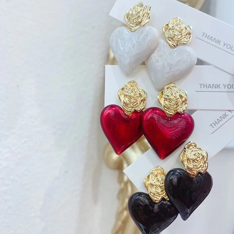 Rose Flower Love Heart Pendant Earrings for Women New Fashion Accessories Jewellery Gold Rose Earrings 2023 Korean Fashion