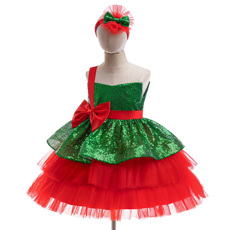 Big Bow Sequin Christmas Costumes for Girls Carnival Cosplay Halloween Green Birthday Party Princess Dress Wedding Kids Clothes