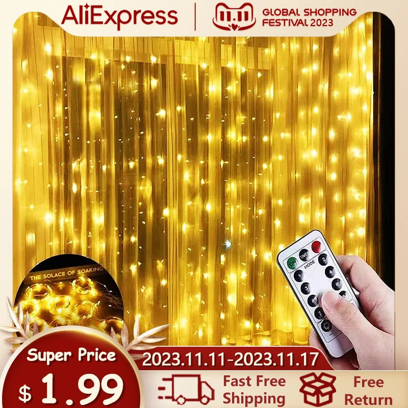 Curtain LED String Lights Garland Festival Decoration 8 Modes USB Remote Control Holiday Wedding Fairy Lights for Bedroom Home