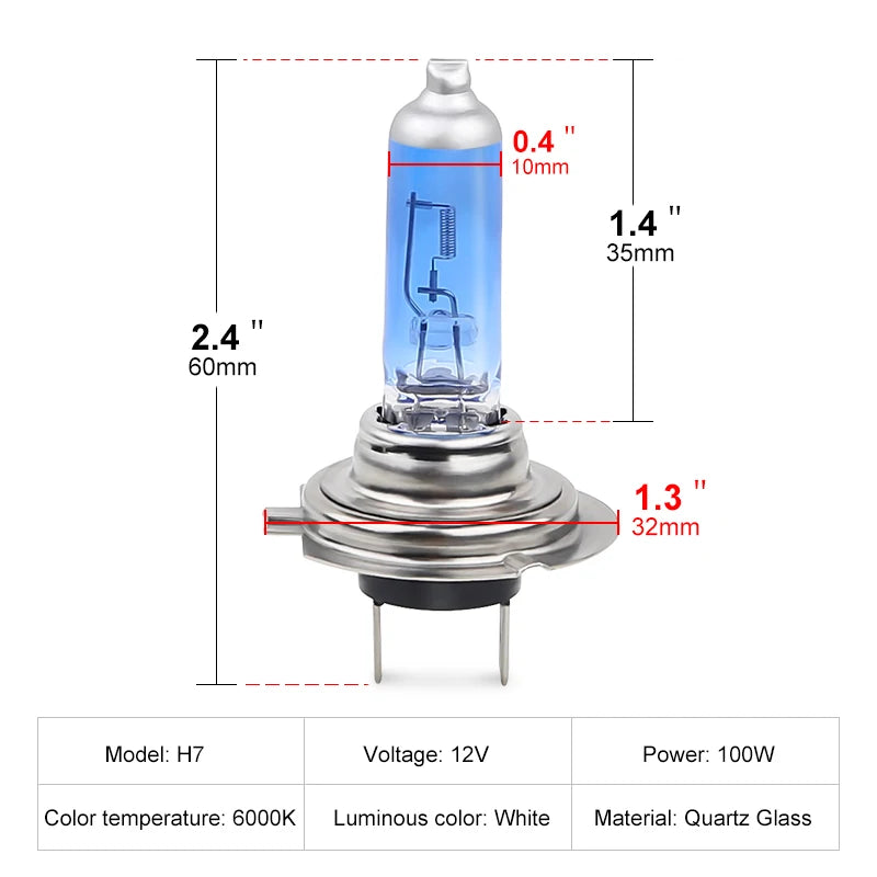 2pcs 6000k Super Bright White H7 Halogen Bulb 12V Car HeadLight Bulb h7 55w 100w Halogen Lamp Car HeadLight Replacement Bulb