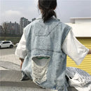 Women's Ripped Denim Vest Sleeveless Top Coat Korean Fashion Streetwear Retro Loose Spring Summer Autumn Student Jacket New