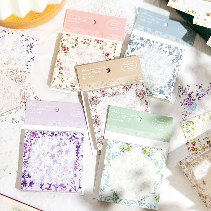 50Pcs Memo Flowers Pad Material Paper Stamped Bottoming Notebooks Sticky Notes Writing Decorative Scrapbook 110*77MM