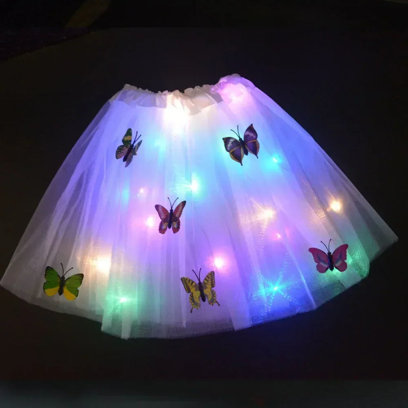 Princess Girl Butterfly Light Fairy Tutu LED Skirt Glow Flower Headband Birthday Gift Fancy Party Christmas Halloween Festival