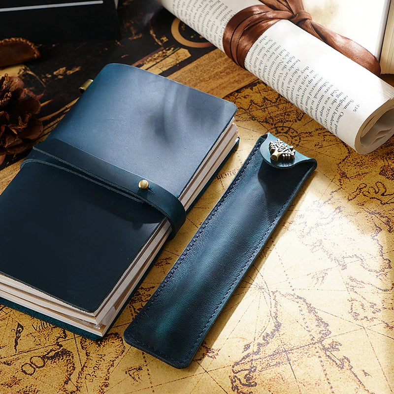 AIGUONIU Genuine Leather Pen Pouch Holder Single Pencil Bag Pen Case With Snap Button For Rollerball Fountain Ballpoint Pen