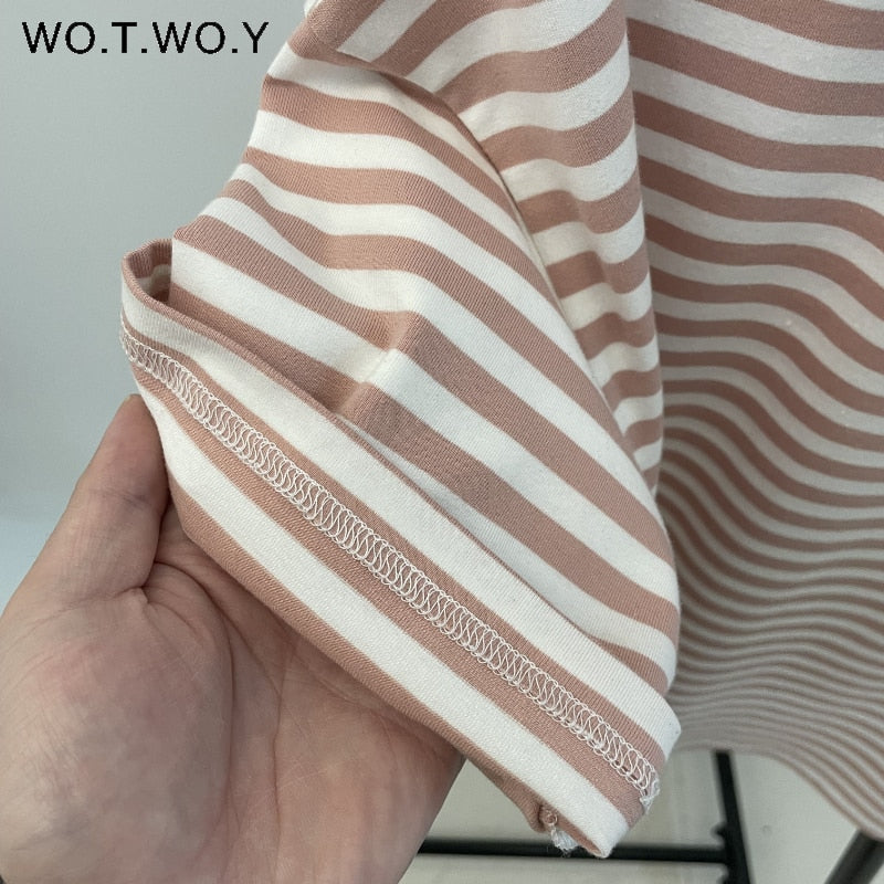 WOTWOY Summer Short Sleeve Striped T-Shirts Women Knitted Basic Casual Tops Female Cozy Loose Cotton Tees 2023 Harajuku Shirt