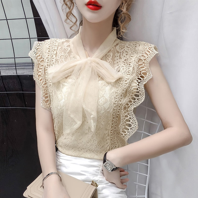 Solid Hollow Out Shirt Korean Fashion Clothing Vintage Sleeveless 2023 Womens Tops and Blouses Lace Patchwork Blusas 9811