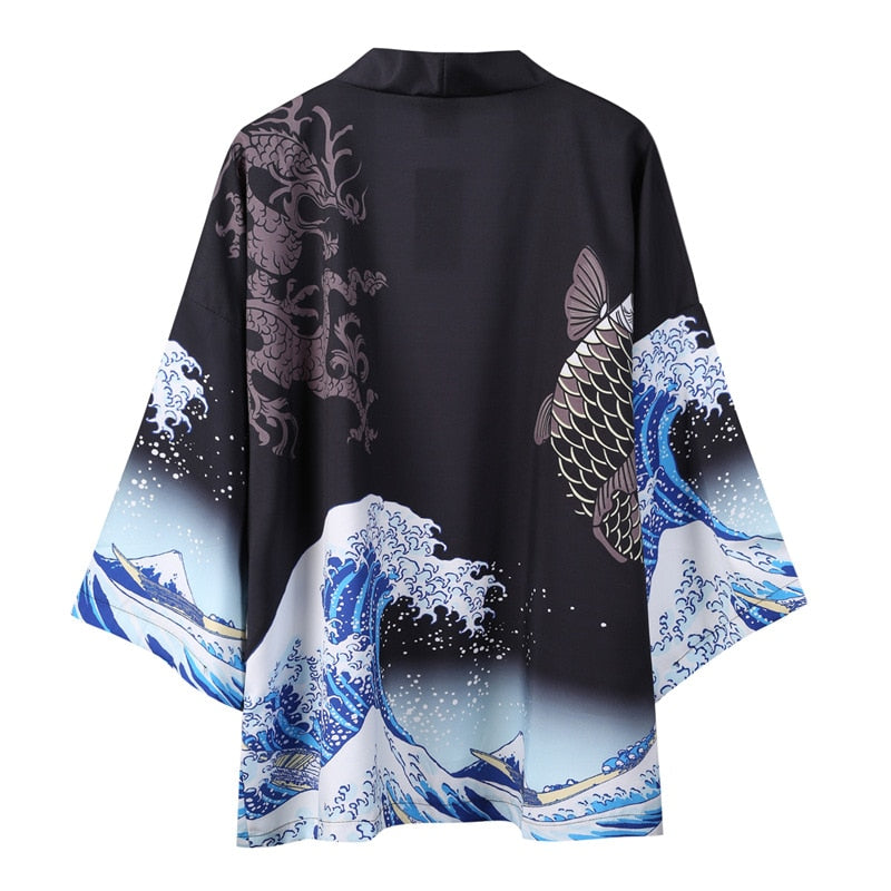 Japanese Kimono Men Cardigan Shirt Blouse Yukata Haori Obi Clothes Summer Printed Black Male Samurai Clothing