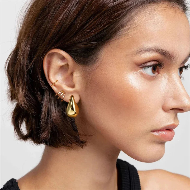 Vintage Gold Color Plated Chunky Dome Drop Earrings for Women Glossy Stainless Steel Thick Teardrop Earring Jewelry Wholesale