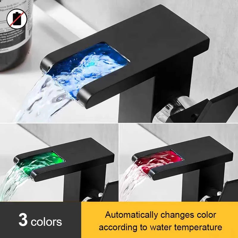 LED Luminous Waterfall Faucet Hot and Cold Color Changing Mixer Tap Square Wash Basin Bathroom Cabinet Faucet Copper Alloy