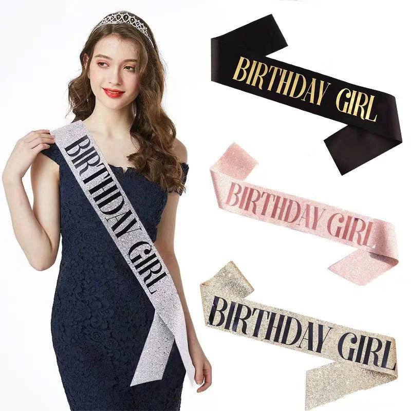 Birthday Glitter Satin Sash Supplies Girls Princess Birthday Party Shoulder Strap Girdle Ribbons Women Kids Birthday Decoration