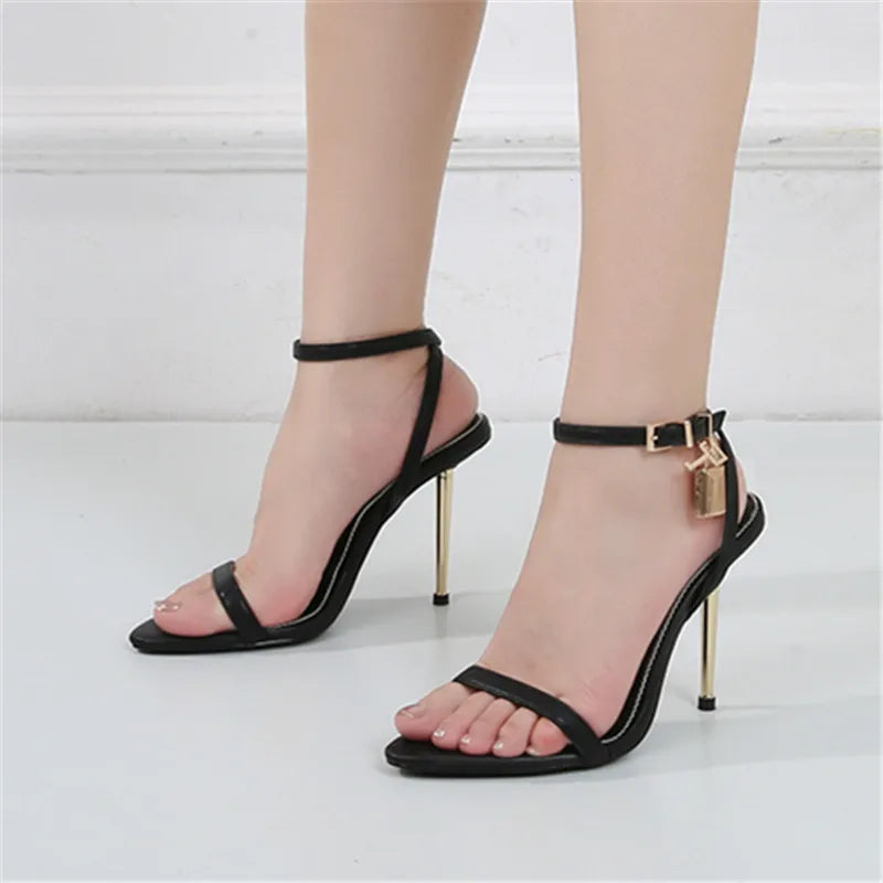 Designer Padlock Women Sandals Sexy Black 10CM High Heel Party Dress Shoes Pointed Toe Ankle Strap Gladiator Sandal Ladies Pumps