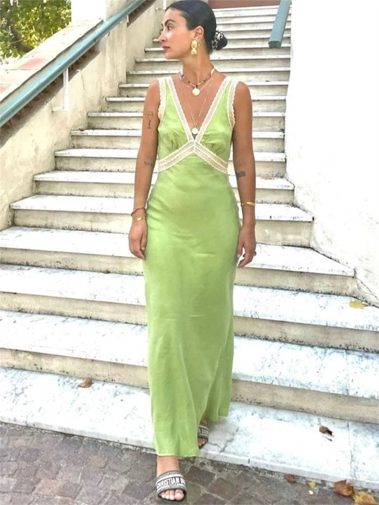 Tossy V-Neck Fashion Lace Maxi Dress Women High Waist Fashion Slim Backless Summer Dress Elegant Patchwork Women's Long Dress