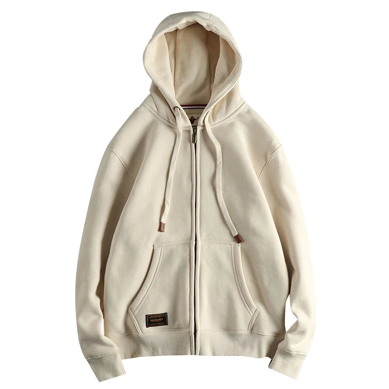 Autumn Winter American Retro Heavyweight Long Sleeved Hooded Hoodies Men's Simple Thickened Velvet Casual Cardigan Sweatshirts