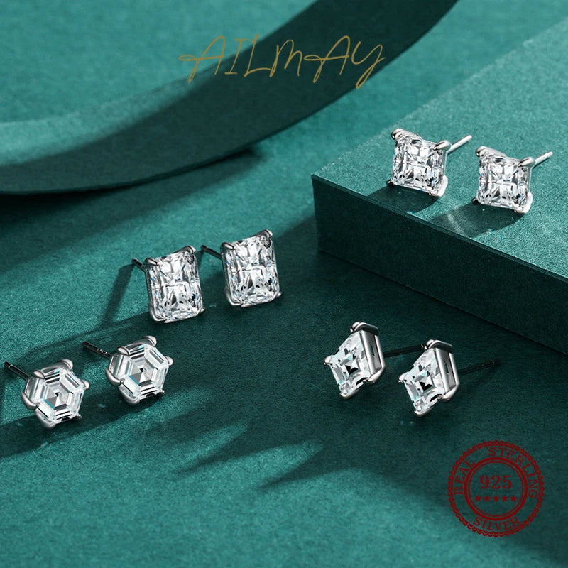 Ailmay Real 925 Sterling Silver Luxury AAAAA Level Sparkling CZ Geometric Stud Earrings For Women Wedding Statement Jewelry Gift