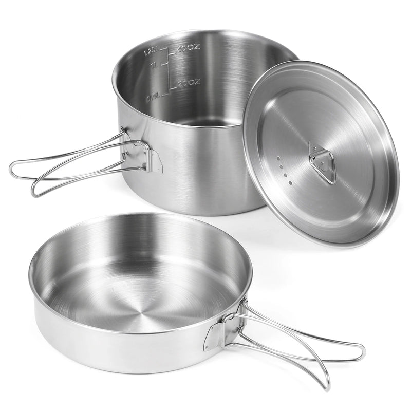 Tomshoo 2pcs Camping Cookware Set Stainless Steel Pot Pan Cooking Set with Foldable Handles Mesh Carry Bag Camping Kitchenware