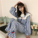 Plaid Sleepwear Women Pajama Sets Lace Piiama Autumn Pants Sets for Women 2 Pieces Long Sleeve Night Wears Cherry Home Suit New