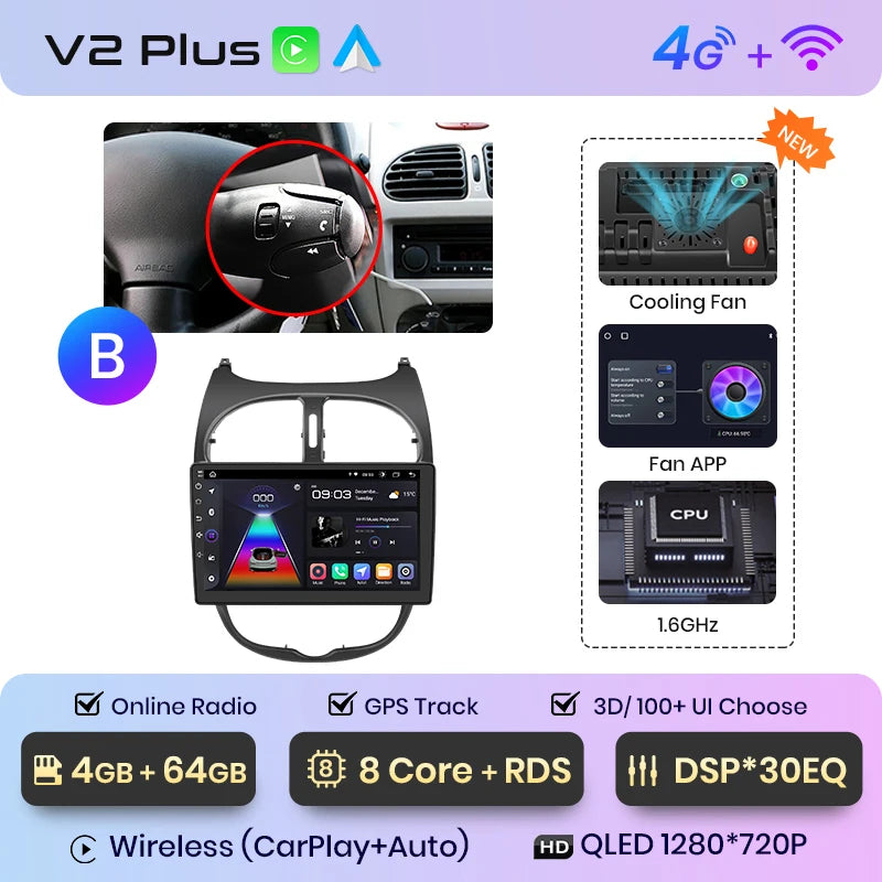 Junsun V1 Wireless CarPlay AndroidAuto Radio For Peugeot 206 206CC 206SW 2001-2008 4G Car Intelligent Systems 2Din Autoradio GPS