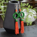 Natural Green jade Red coral beads Circle fringe Earrings FOOL'S DAY Lucky Ear stud Diy New Year Halloween Hook VALENTINE'S DAY