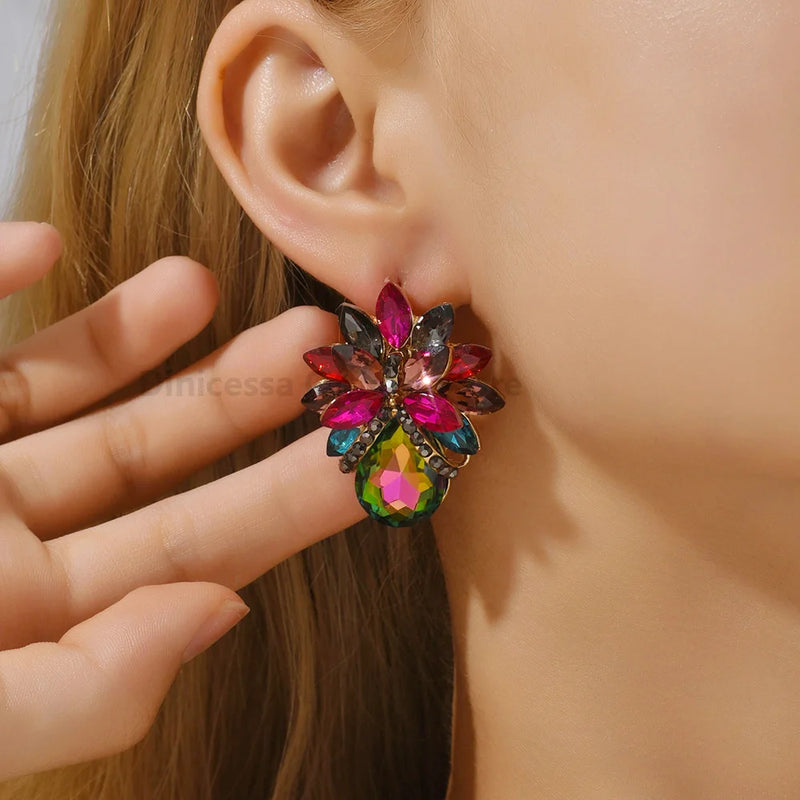 Korean Fashion Colorful Clear Crystal Stud Earrings Luxury Design High-Quality Flower Unique Vintage Pendant Jewelry For Women