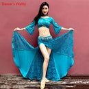 Winter Girls Women Belly Dance Flared Sleeves Top Splicing Skirt Competition Dance wear Lady Oriental Indian Dance Lace Clothes