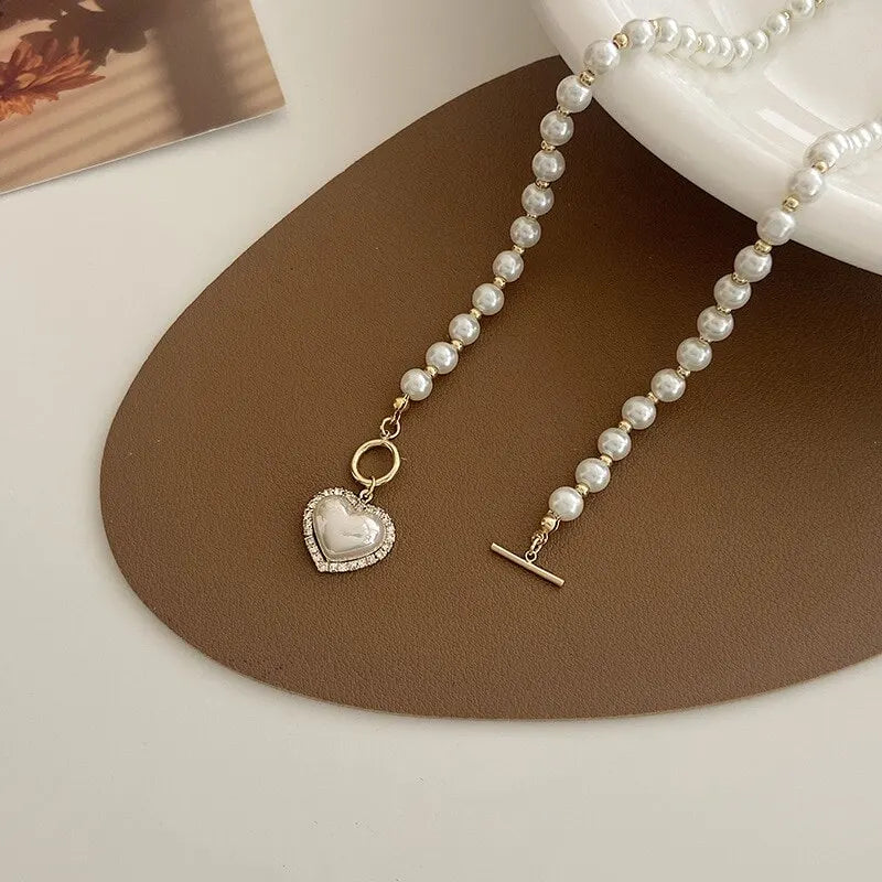 White Imitation Pearl Bead Necklace Women Crystal Stone Heart Pendant Cute Girl Jewelry Necklace Collier Femme