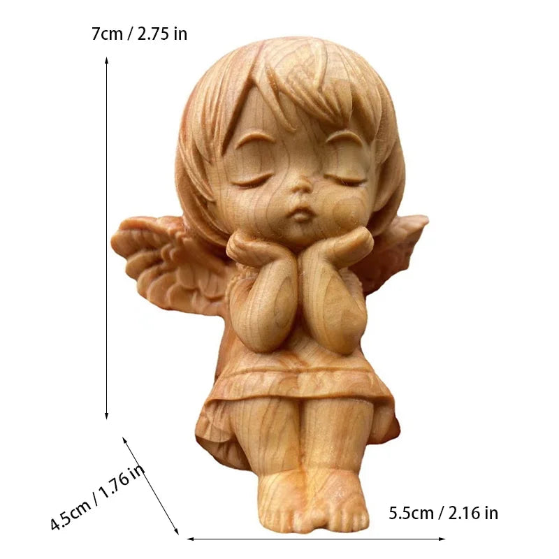 Wooden Little Angel Characters Decorative Statue Cute solid wood carving Home Room Office Car Art Sculpture Small Gift