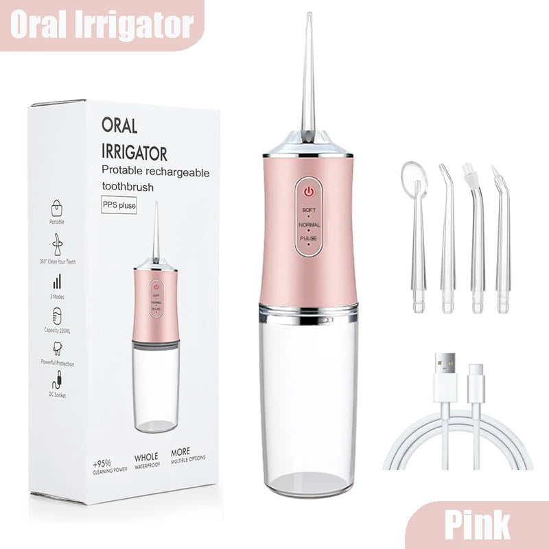 Oral Irrigator Portable Dental Water Flosser USB Rechargeable Water Jet Floss Tooth Pick 4 Jet Tip 220ml 3 Modes Teeth Cleaner