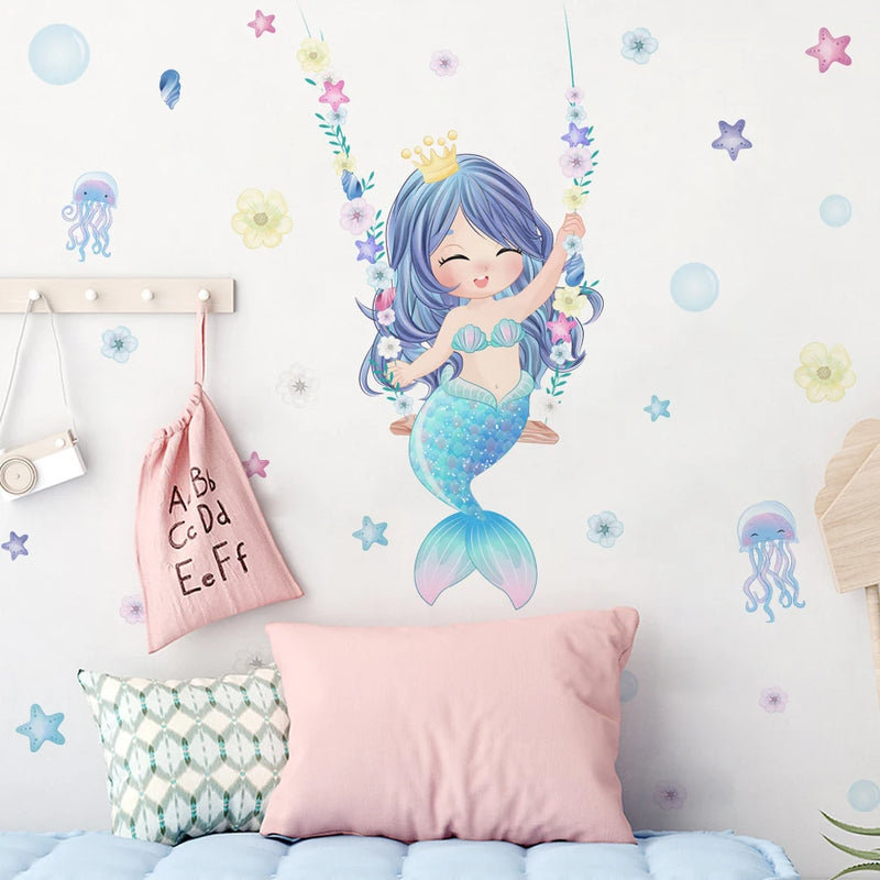 Cute Cartoon Mermaid Swinging Jellyfish Wall Stickers for Baby Girls Room Kids Room Wall Decals Nursery Living Room Decor