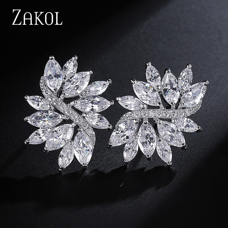 ZAKOL Delicate Cubic Zircon Crystal Stud Earrings for Women Fashionable White Color Flower Handmade Wedding Jewelry EP480