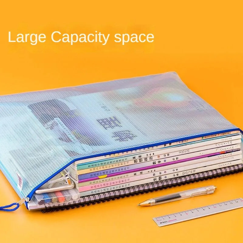 Thickened A3 File Bag Large Capacity Student Supplies Transparent Mesh Zipper Bag  Office Book File Test Paper Archive Bag