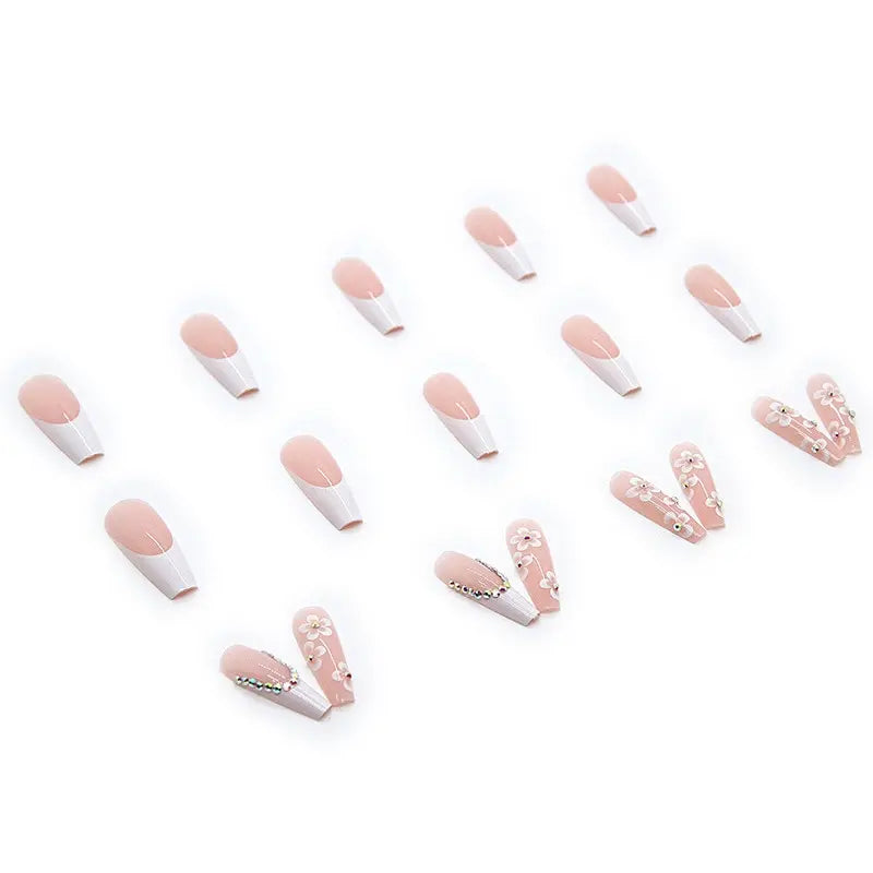 24pcs False Nails With Glue Flower Design Long Coffin French Ballerina Fake Nails Full Cover Acrylic Nail Tips Press On Nails