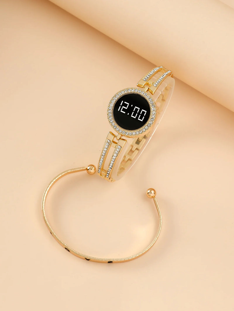 A Women's Gold Fashion Digital Watch With Rhinestones And A Love Bracelet. For Daily Life