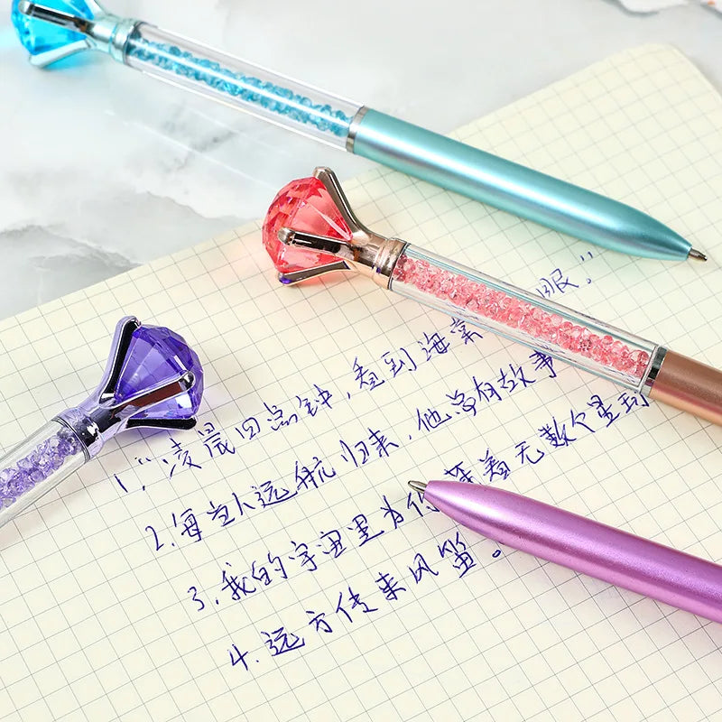 10Pcs/Lot Cute Large Diamond Ballpoint Pen Colored Crystal Neutral Oil Pen Blue Black School Office Stationery Imitation Metal