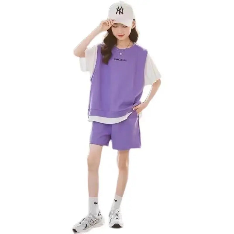 Girls New Summer Loose Thin Ventilate 2PCS Short Sleeve Tee+Pants Suits Korean Style 5 14 Years Teeange Girls Casual Clothes Set