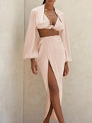 Kesiachiccly Satin Two Piece Set Women Crop top Autumn Long Sleeve Crop Top High Split Long Skirts 2 Piece Set Beach Clothes