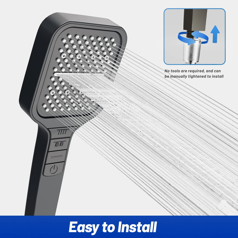 New Black Shower Head 2023 Rainfall High Pressure Water Saving 7 Modes Adjustable One Key Stop Button for Bathroom Accessary