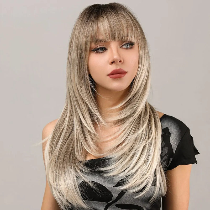 Women Blonde Wigs Long Blonde Bangs Dark Root Layered Synthetic Wig For Daily Use Suitable For Fashion Ladies