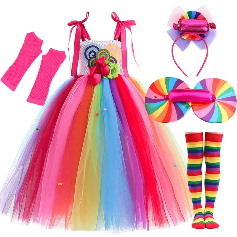 Candy Fairy Costume Girls Lollipop Cosplay Dress Toddler Carnival Purim Rainbow Vestidos Christmas Party Princess Clothing Gown