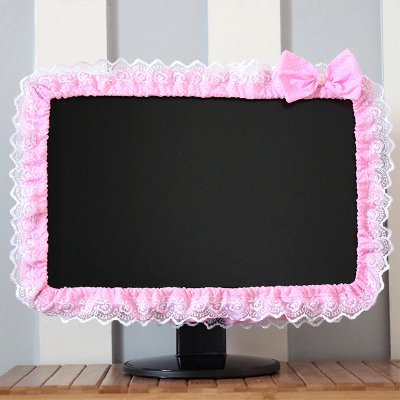 Lace Fabric Computer Frame Cover Monitor Screen Dust Cover With Elastic Pen Pocket Bow Home Decorations