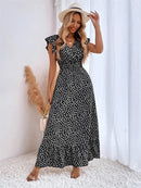 Msfilia V-neck Lotus Leaf Edge Elegant Dress Women Spring Summer Printed Long Dress