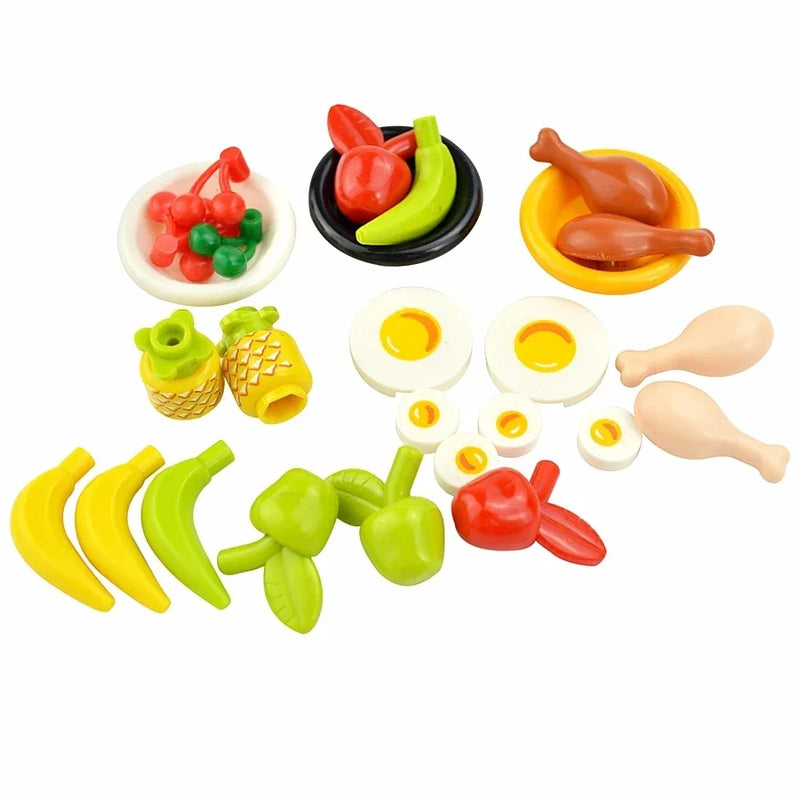 DlY Mini Food Building Block Figures Bread Fish Fruit Chicken Crab Hot Dog Cake Pizze Carrot Box Creative Toys City Parts Brick