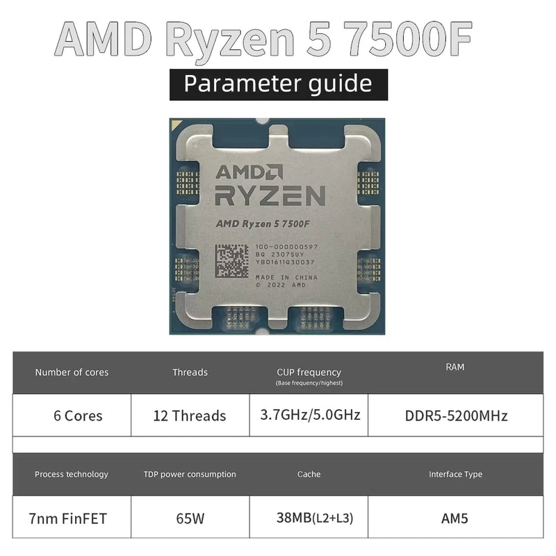 AMD Ryzen 5 7500F Processor 5GHz 6-Core 12-Thread 38MB Desktop Processor Socket AM5 CPU Gaming Processo