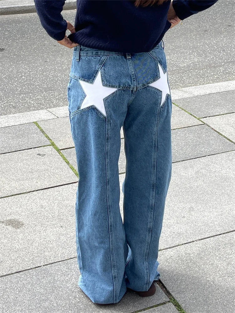 Women Fashion Jeans Star Pattern Loose Denim Pants Spring Fall Casual Low Waist Trousers Wide Leg Pants
