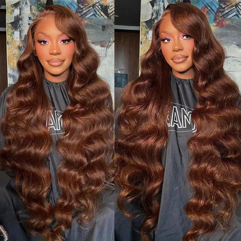200 Density 13x4 HD Chocolate Brown Body Wave Lace Front Wig Human Hair Pre Plucked